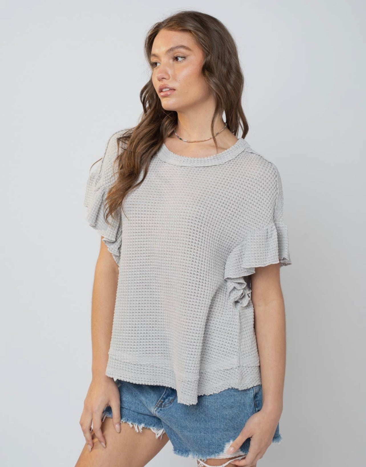 Ruffle Sleeve Waffle Knit Top