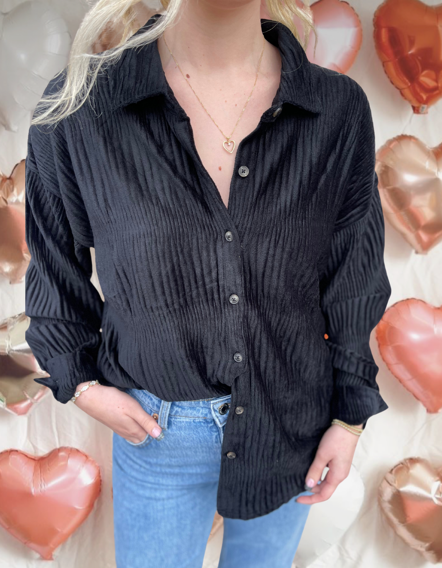 Crinkled Soft Velvet Oversized Shirt