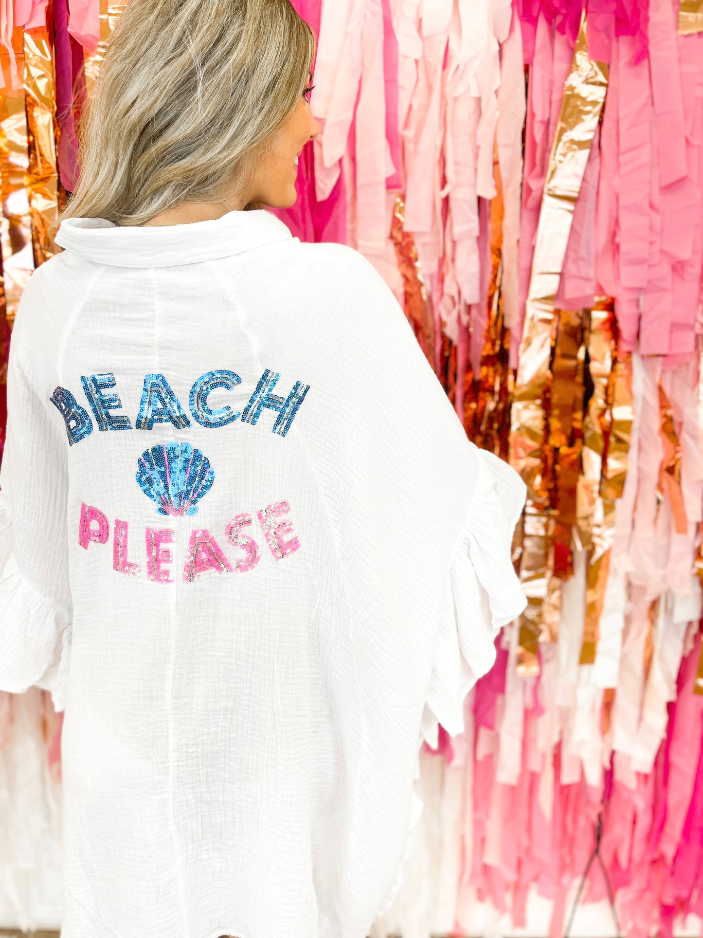 Beach Please sequin ruffled shirt