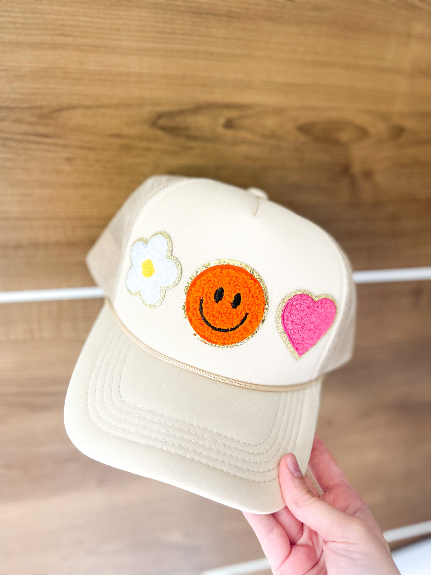 Tan smiley trucker hat