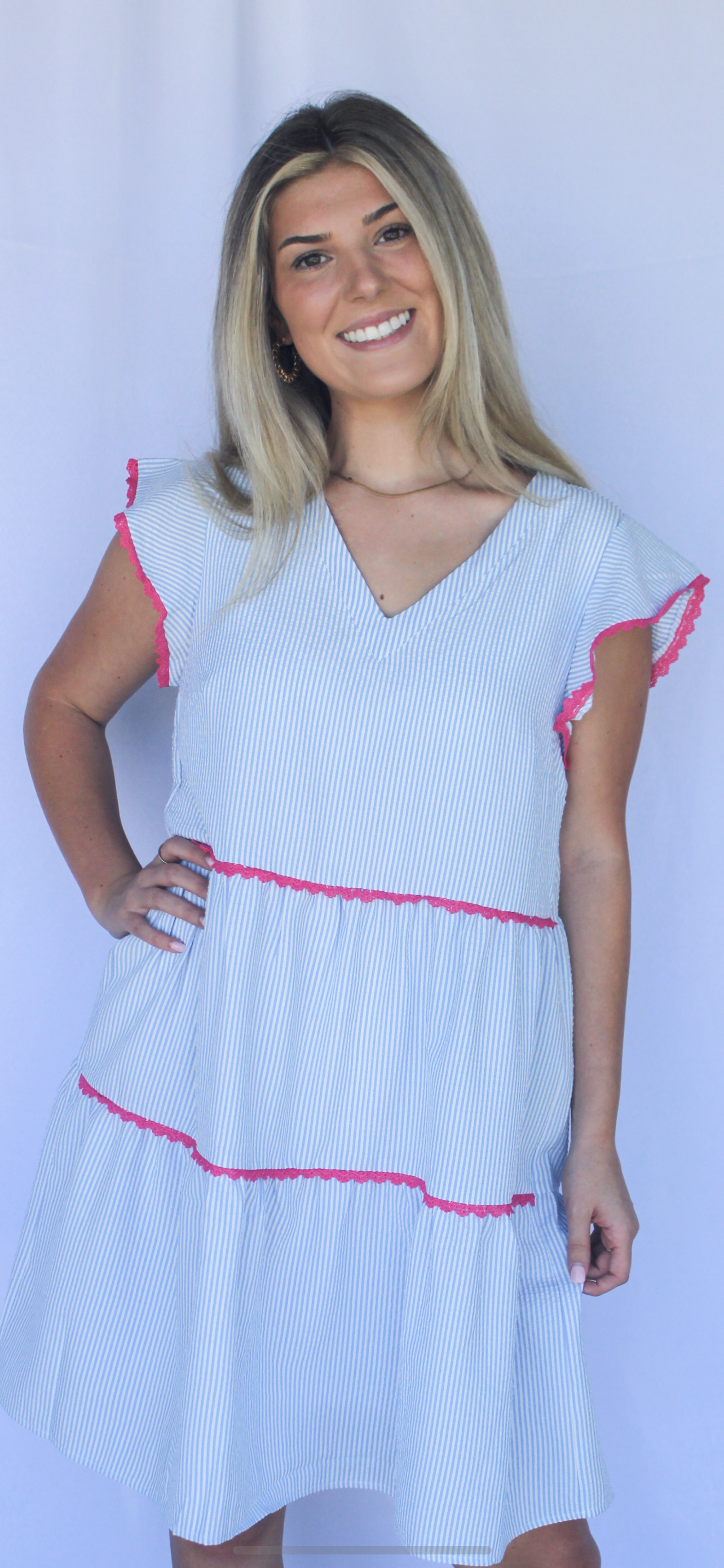 Blue and white stripe dress